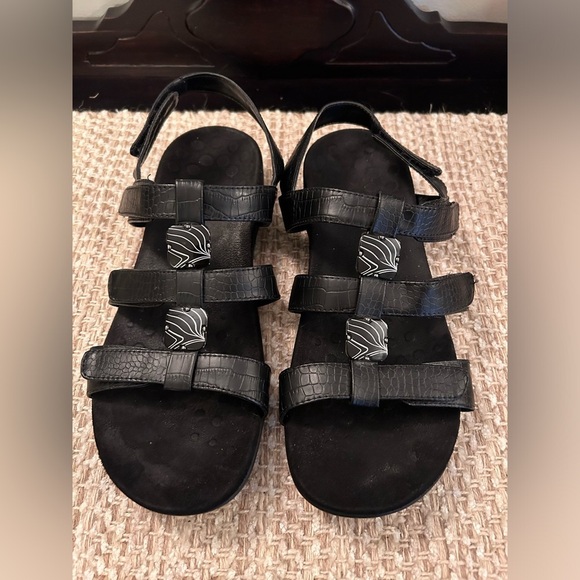 Vionic AMBER Black Strappy Slingback Leather Sandals Size 10 Cushioned Velcro - Picture 3 of 7